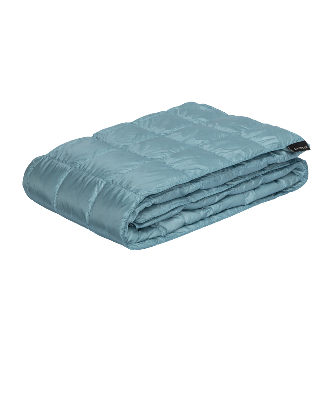 The blue Kulkuri down blanket (color: Ice blue) is neatly folded, and its surface is decorated with stitched square quilting patterns.