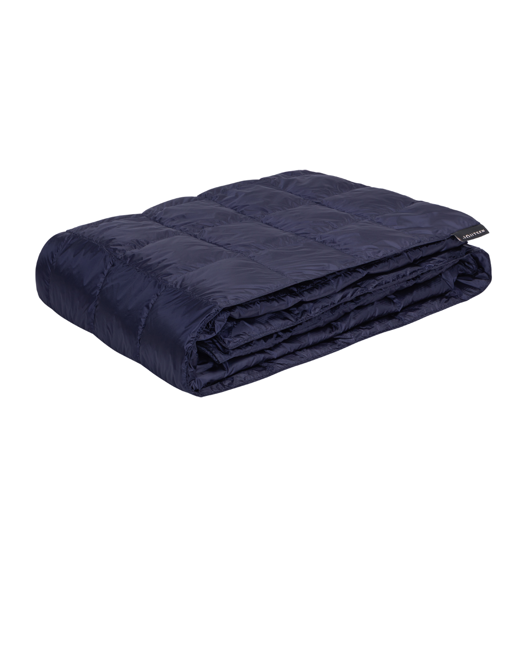 The dark blue Kulkuri down blanket is neatly folded, and its surface is decorated with stitched square quilting patterns.