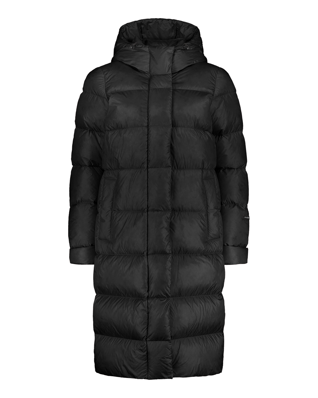 Nietos down coat in black (color name: charcoal black), photographed from the front with no background. The coat is long and heavily padded, quilted horizontally, and features a high collar and an attached hood. The front has a zipper covered by a flap. There are inset pockets on both sides. A small Joutsen logo is on the sleeve.