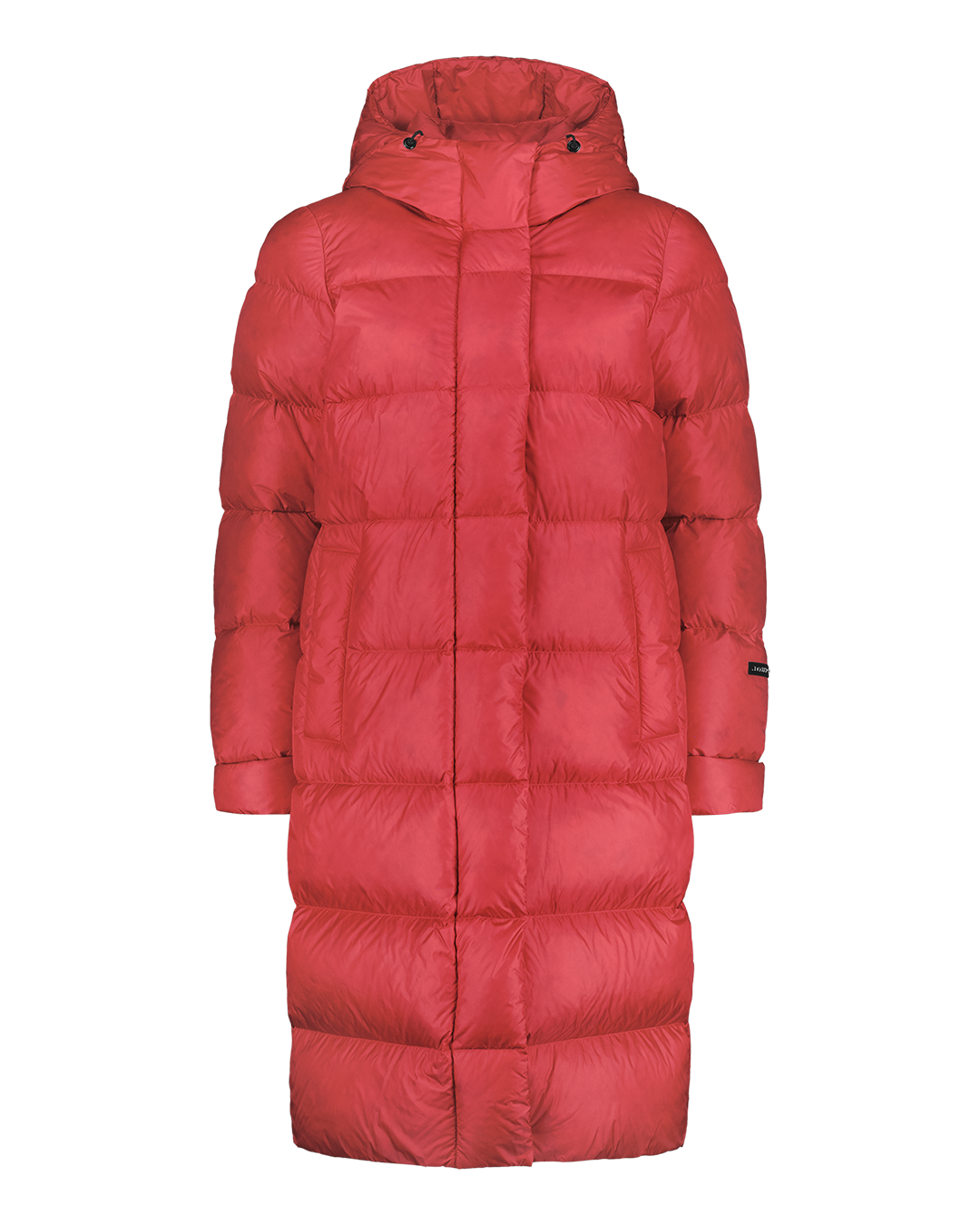 A Nietos down coat in red (color name: raspberry) photographed from the front against a plain background. The coat is long and heavily padded, quilted horizontally, and features a high collar and a fixed hood. There is a zipper on the front covered by a flap. Both sides have inset pockets. There is a small Joutsen logo on the sleeve.
