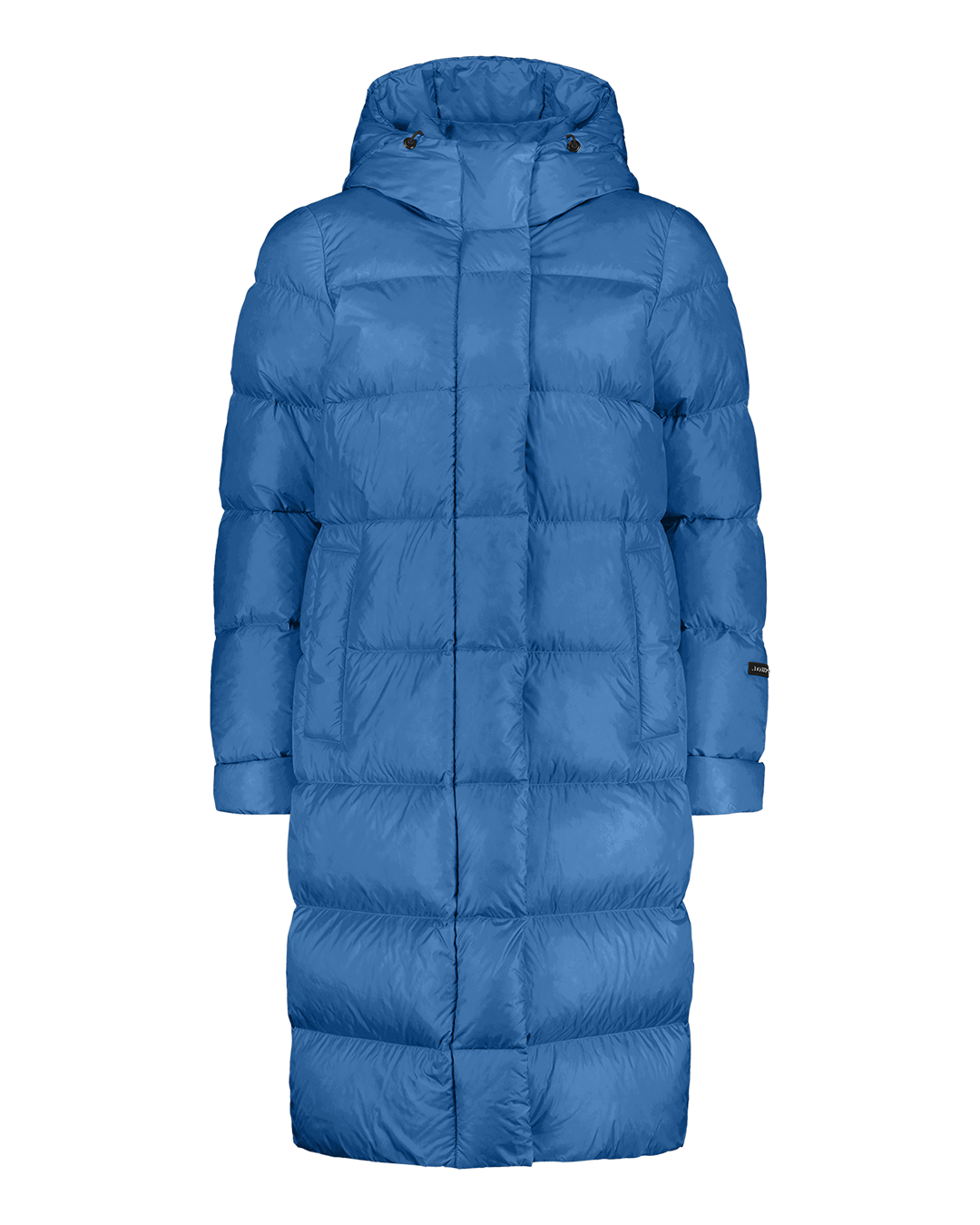 Nietos down coat in blue (color name: Blue butterfly), photographed from the front with no background. The coat is long and heavily padded, quilted horizontally, and features a high collar and an attached hood. The front has a zipper covered by a flap. There are inset pockets on both sides. A small Joutsen logo is on the sleeve.