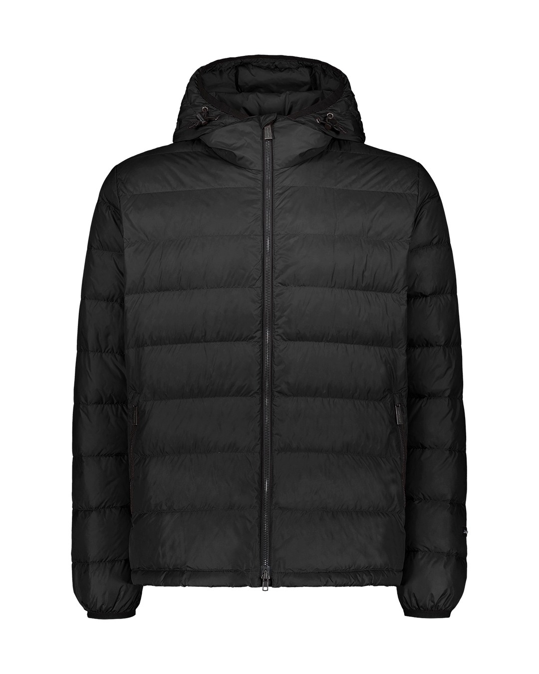 Nordic Black Ruska light down coat with horizontal quilting and a short, fitted design. The coat features a hood with adjustable drawstrings, a full-length front zipper, and zippered side pockets.
