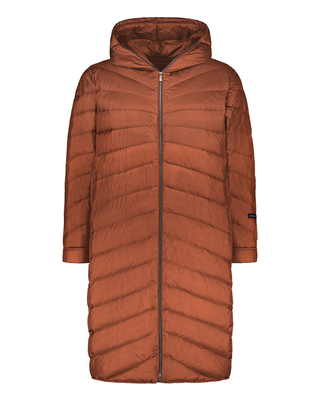 A long bright Säde light down coat (color: Rose gold) with diagonal stitching, a front zipper, and a hood. The coat is photographed from the front against a plain background without a model.