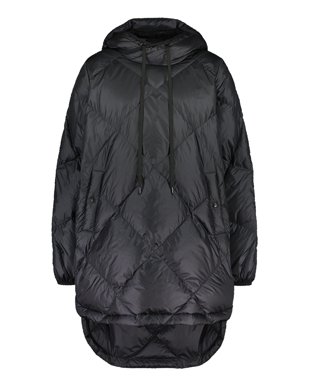 Charcoal black Velho down anorak with diamond quilting and a relaxed, oversized fit. The design features a hood with drawstrings, a longer back hem, and snap-button side pockets.