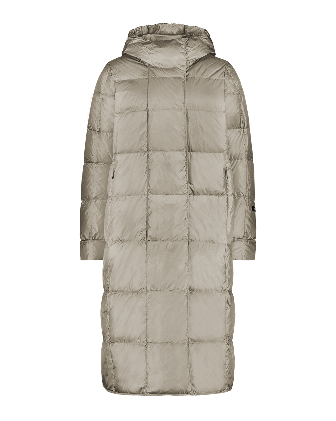 Beige, long Essi lightweight down coat (color: champagne) with straight square quilting, a hood, and long sleeves. Subtle front zipper and side pockets.
