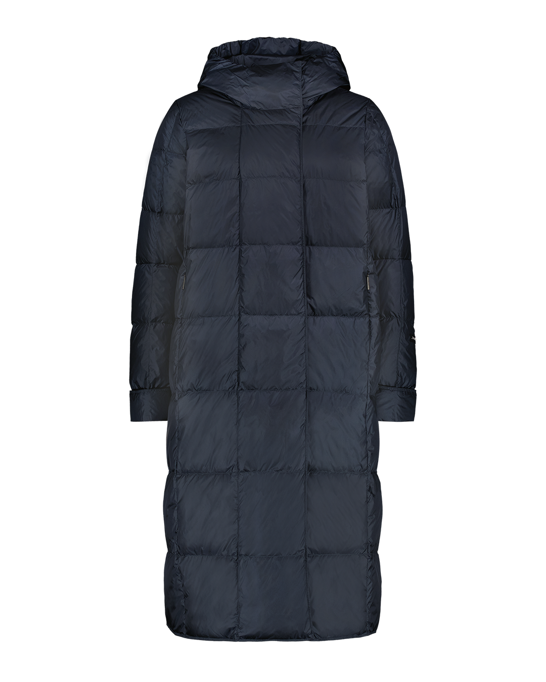 Dark blue, long Essi light down coat (color: Night Sky) with straight square quilting, a hood, and long sleeves. Subtle front zipper and side pockets.