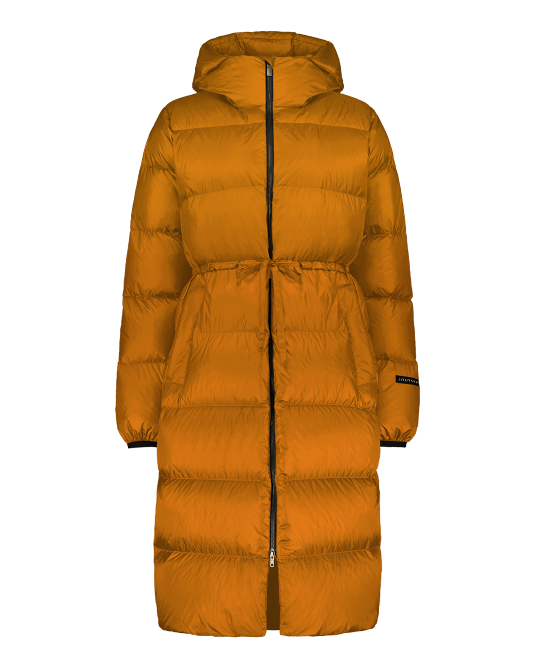 Estrid down coat in Amber color, photographed from the front with no background. The coat is long and heavily padded, quilted horizontally, and features a high collar and an attached hood. The front has a zipper covered by a flap. There are inset pockets on both sides. The fabric has a slight sheen.