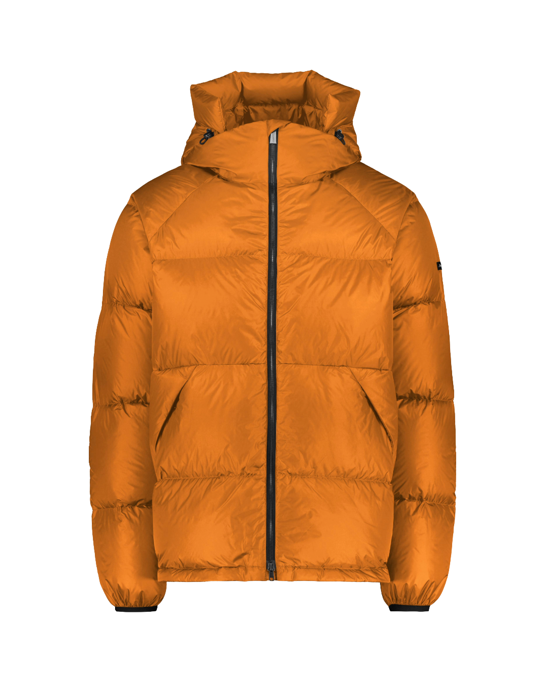 Orange (color: Amber) Huurre down coat is a short model with wide horizontal quilting, a front zipper, and hood with drawstrings.