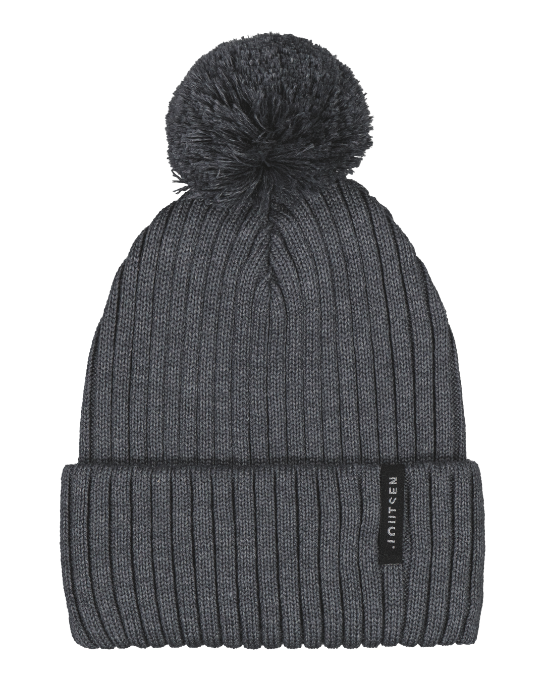 Gray knit beanie with pom-pom.