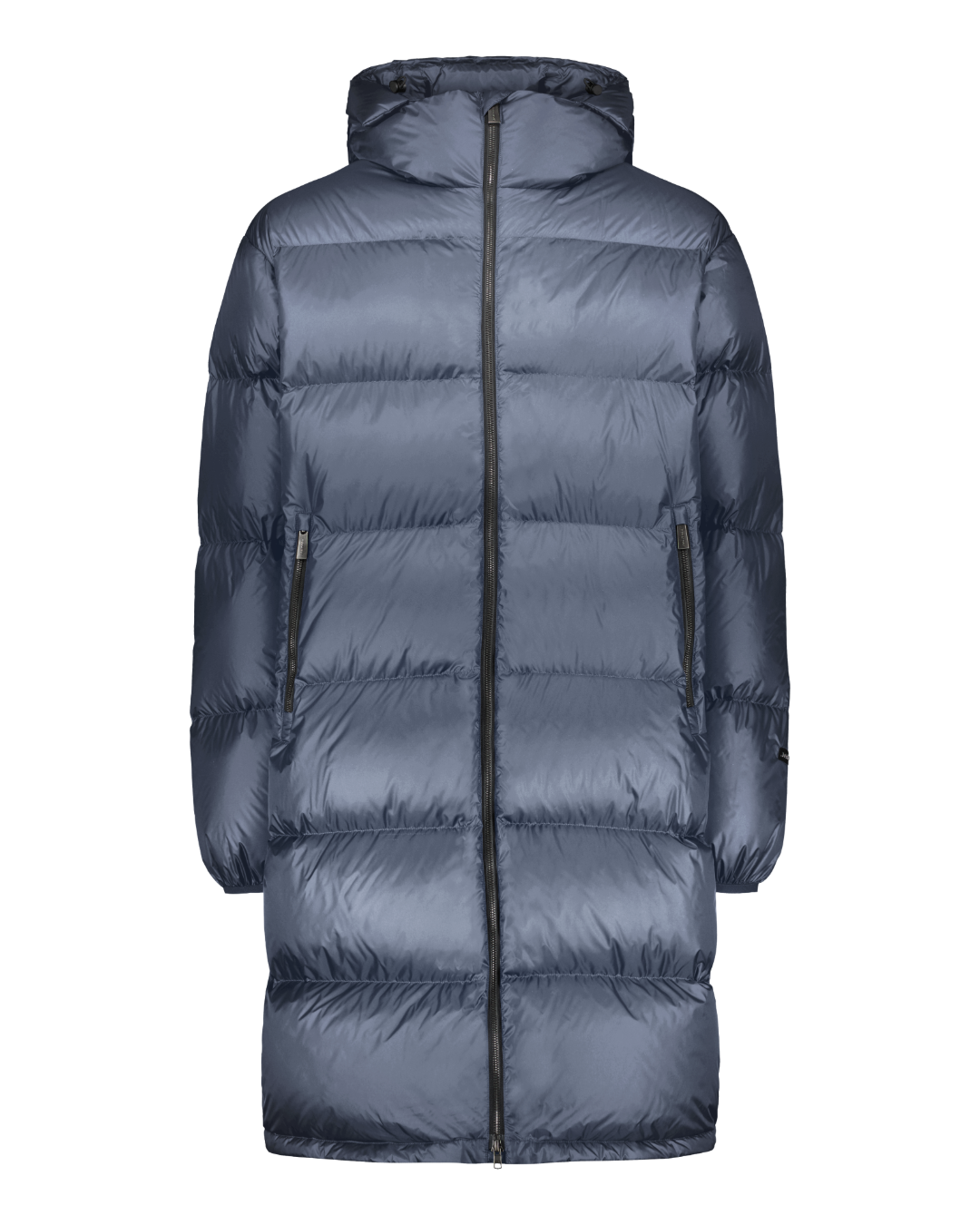 Blue (color: Storm) Knut down coat with wide horizontal quilting and a straight, mid-calf length design. The coat features a hood, a full-length front zipper, and zippered side pockets.