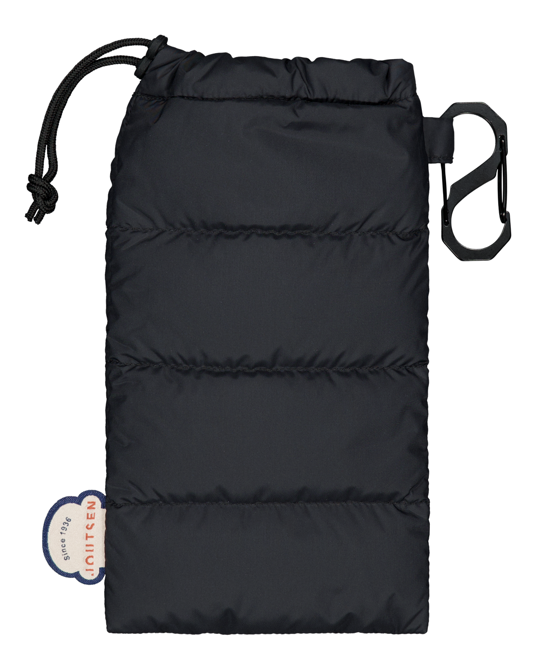 Black drawstring Lilliputti pouch with a brand tag on a white background