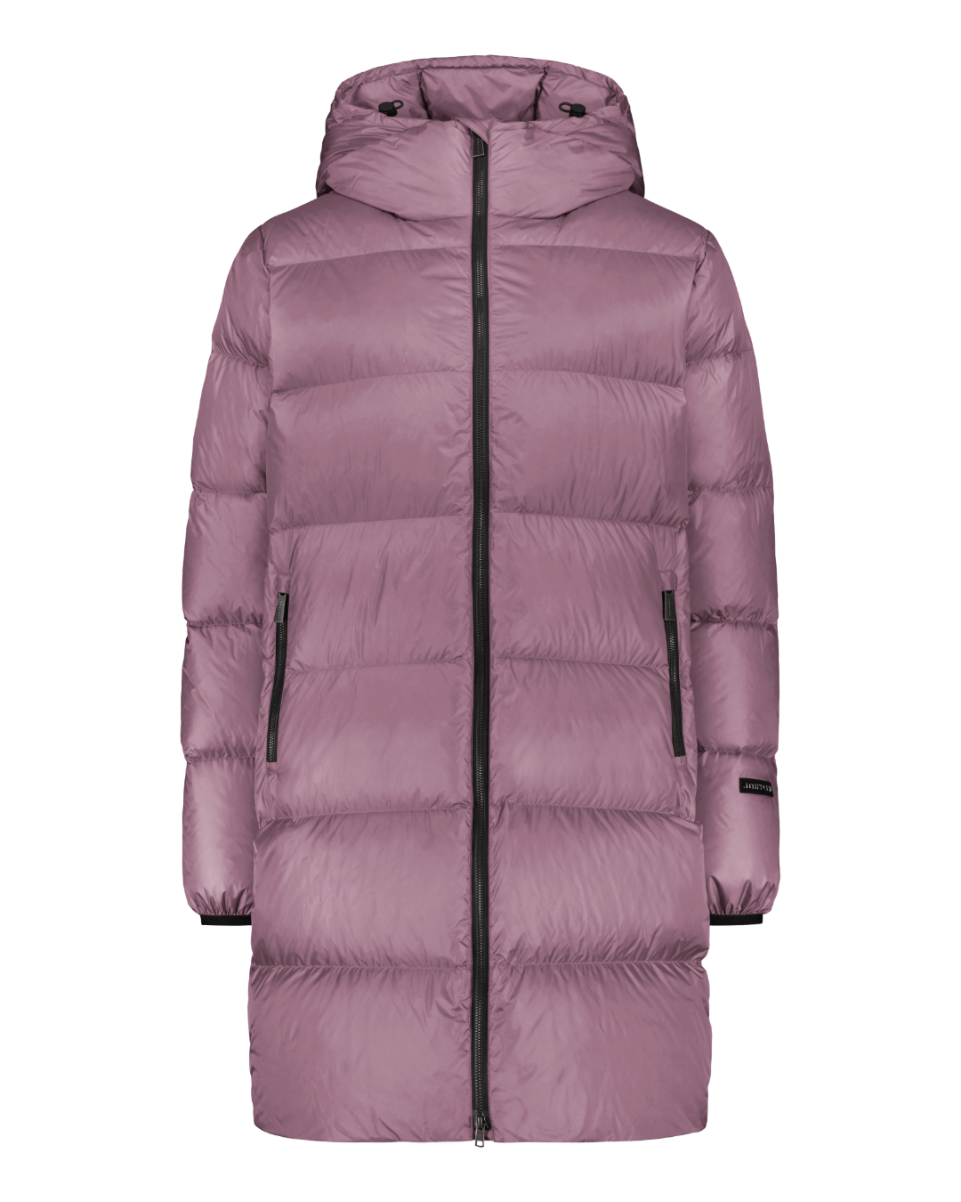 Light purple (color: Dusky Orchis) Silvia down coat with wide horizontal quilting and a straight, knee-length design. The coat features a hood with drawstrings, a full-length zipper, and zippered side pockets.