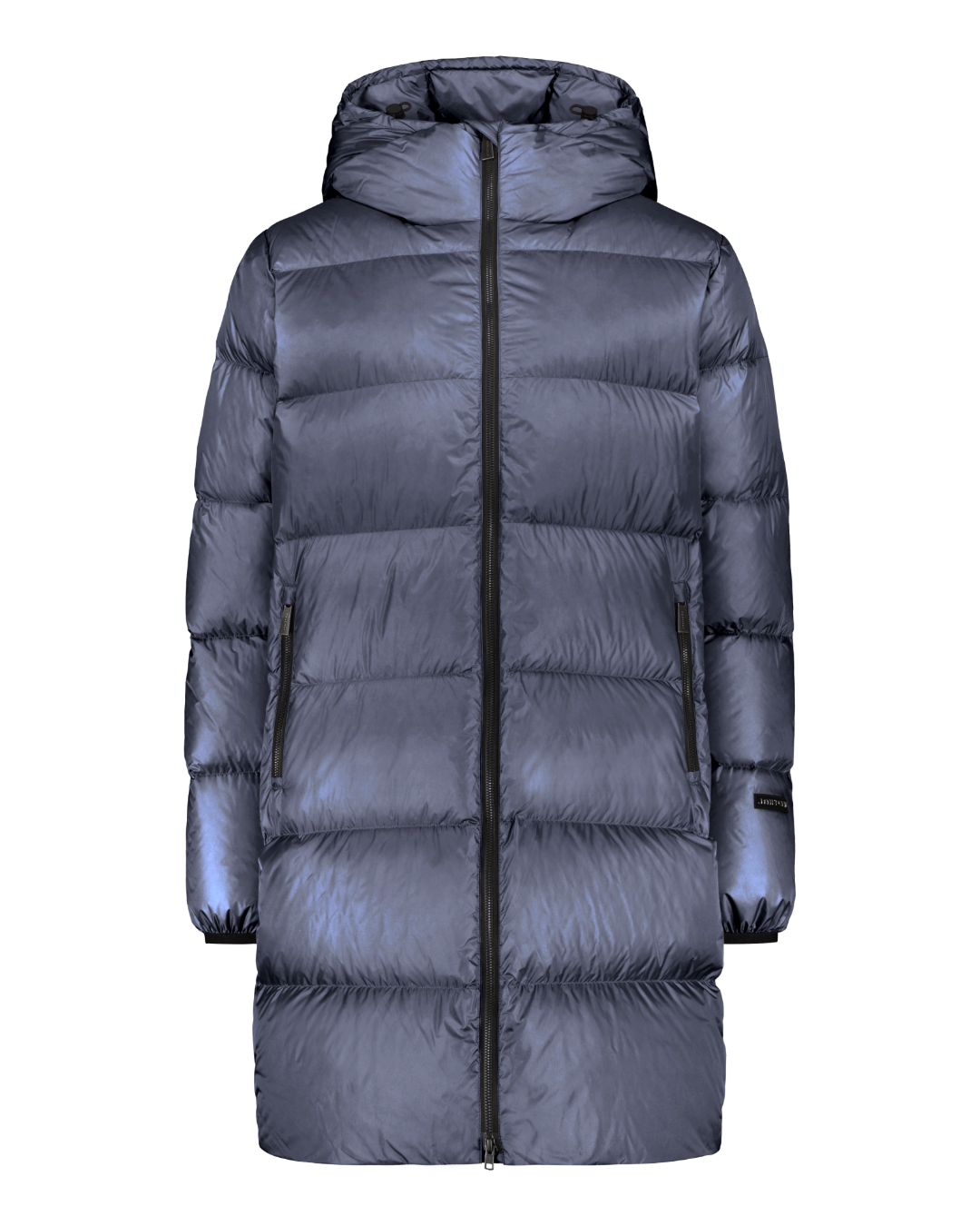 Blue (color: Storm) Silvia down coat with wide horizontal quilting and a straight, knee-length design. The coat features a hood with drawstrings, a full-length zipper, and zippered side pockets.