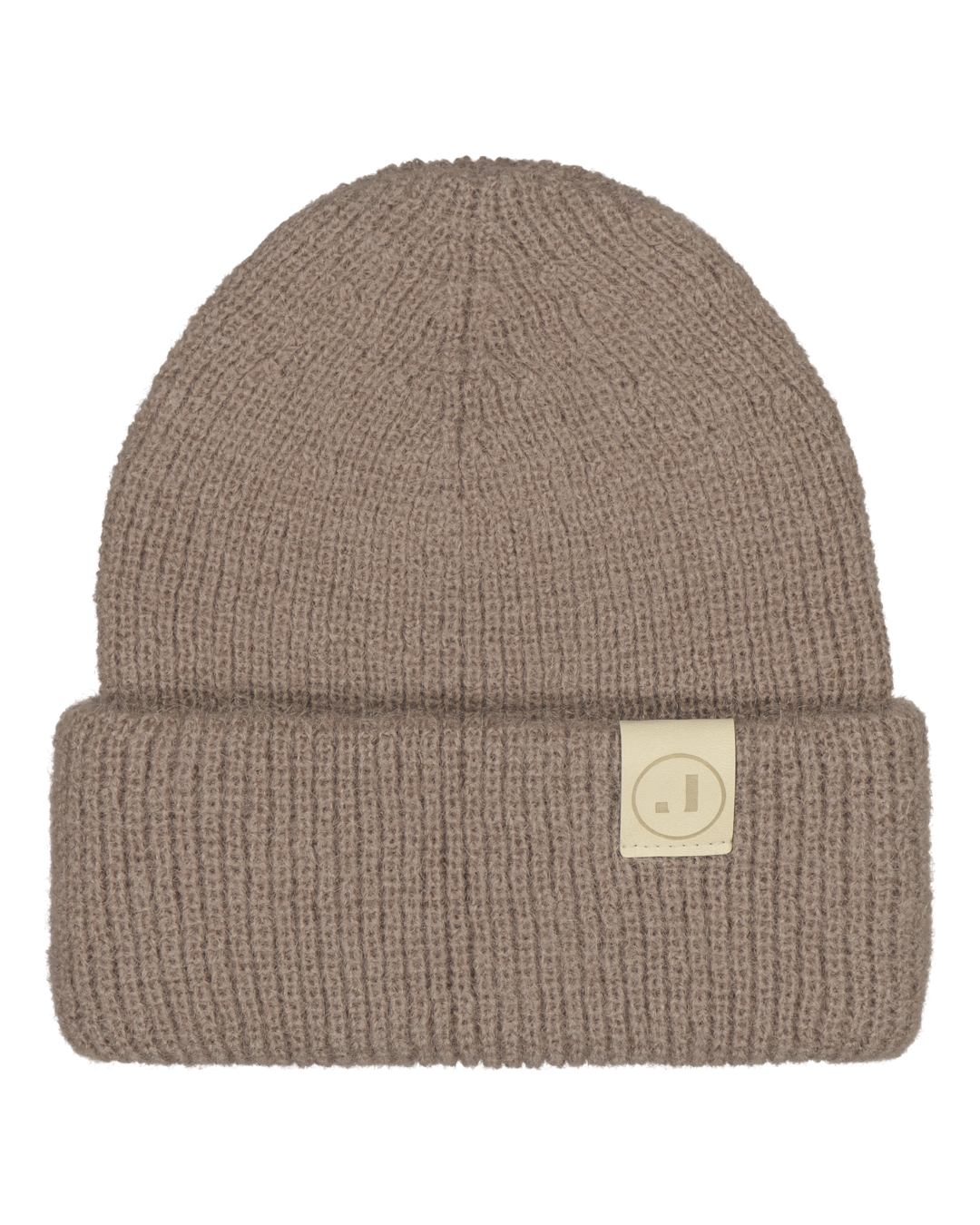 Brown knit beanie with a brand logo.