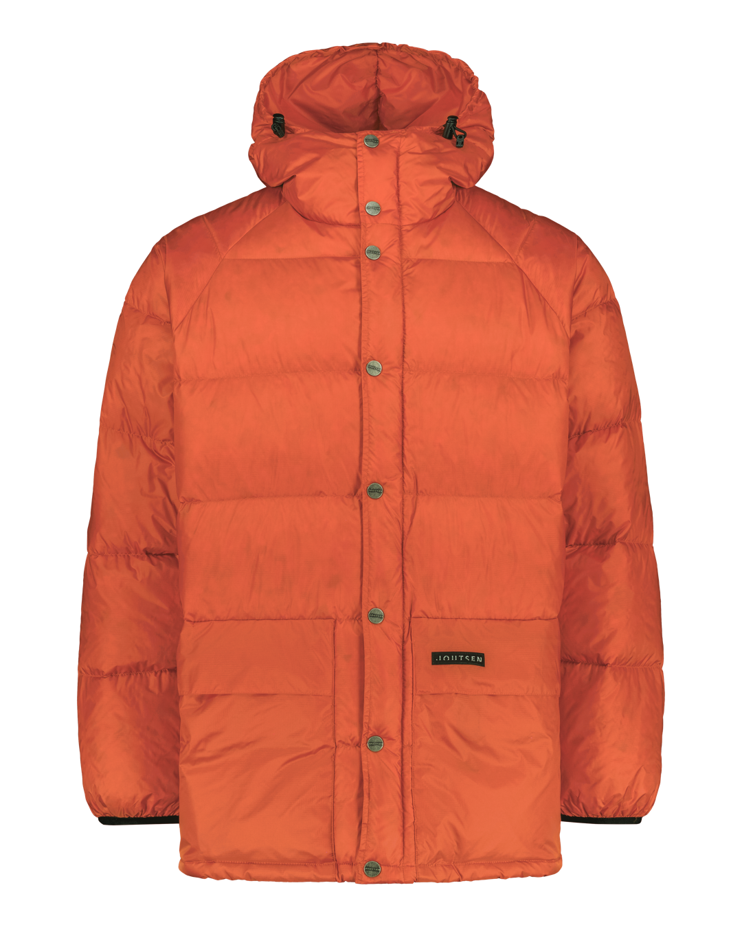 Orange down coat with a brand logo on a white background