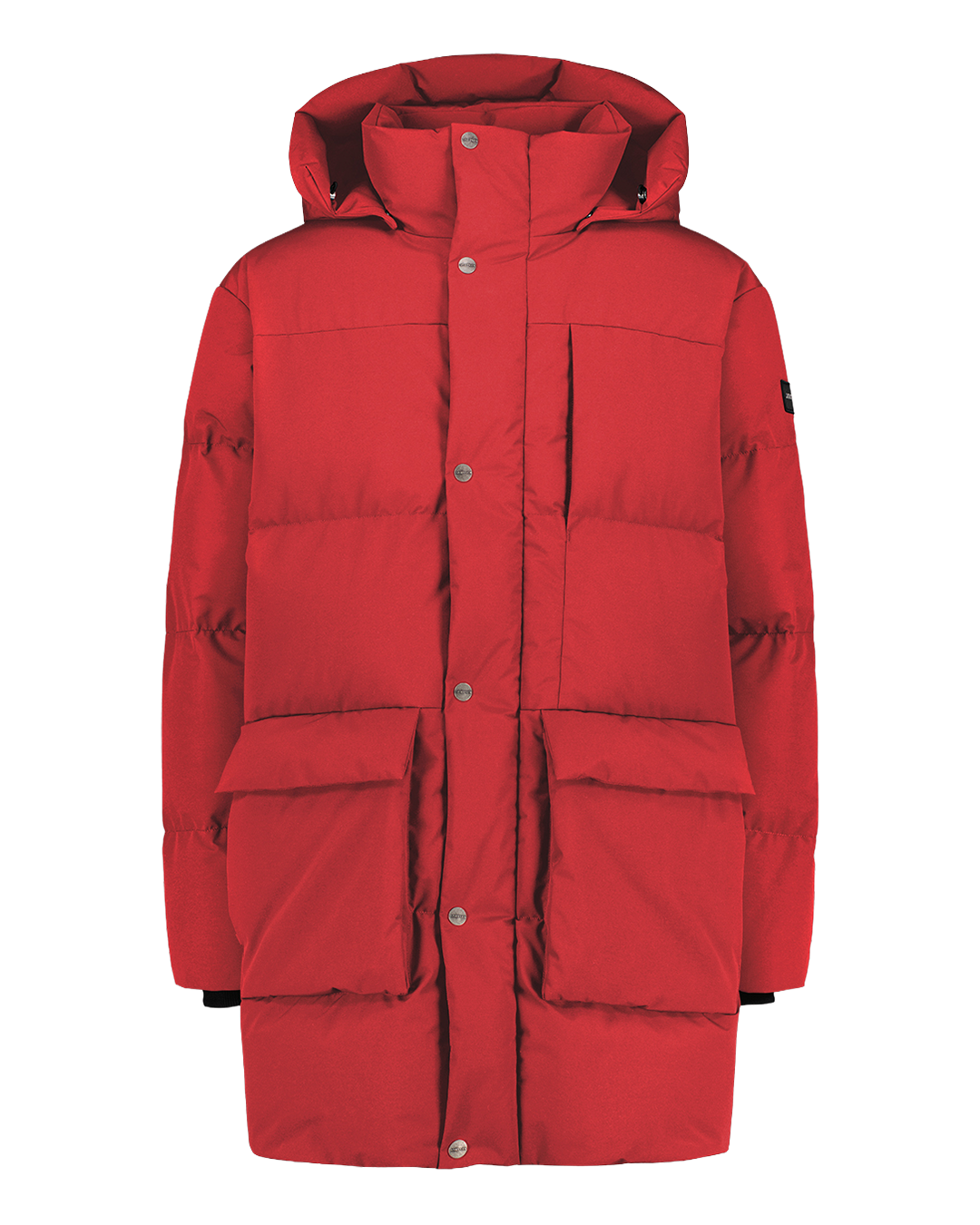 A long, red (color: chili pepper) Tuisku down parka coat with a high collar, a large adjustable hood, a two-way zipper, and a wind flap with snap button closure. At the front, there are large flap pockets, and on the sleeve, a small logo patch.