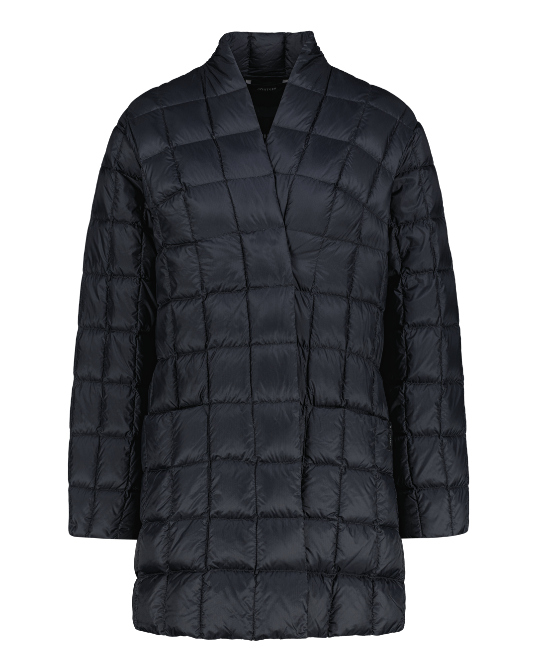 Black quilted down jacket on a white background