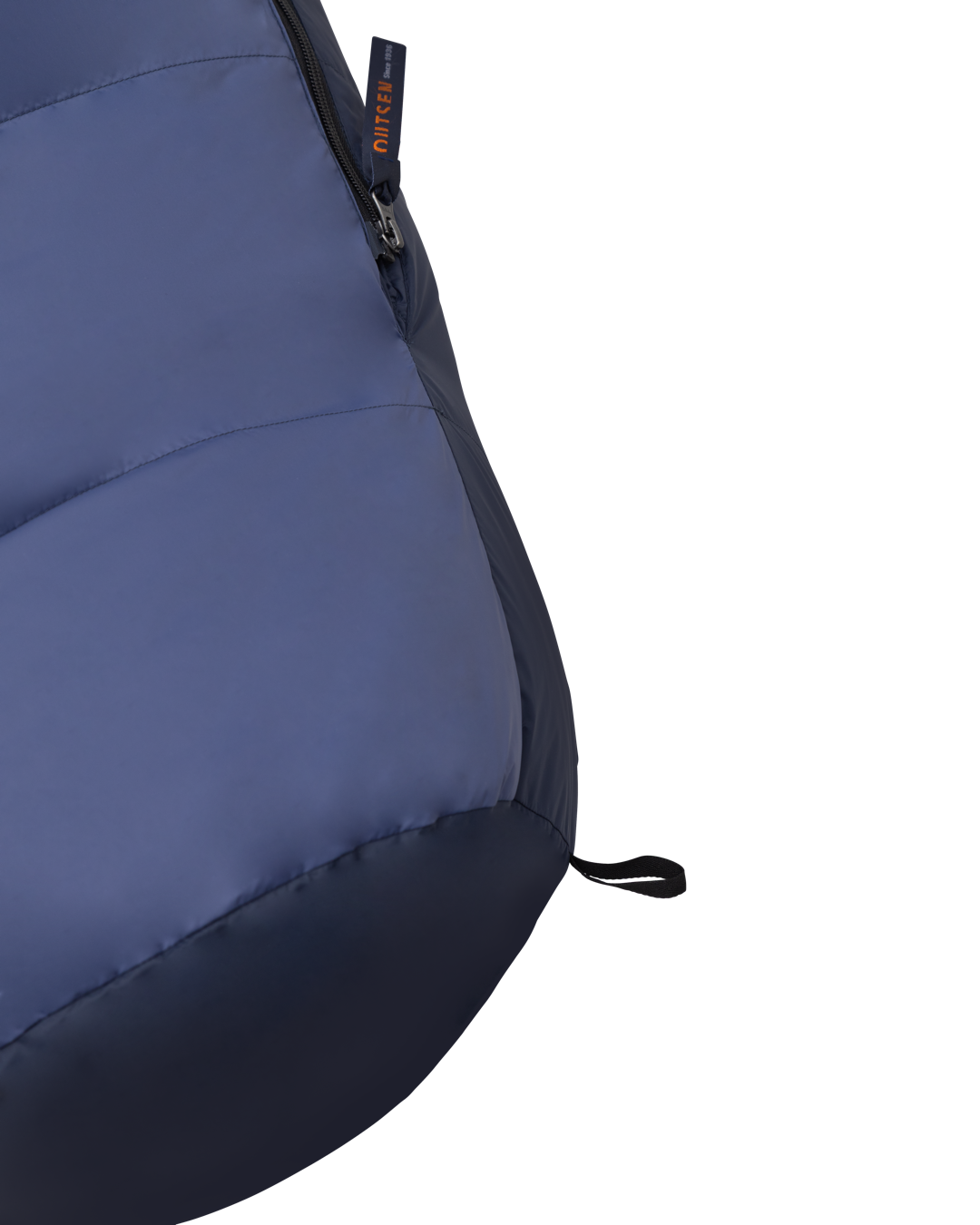 Navy blue sleeping bag with a visible brand logo
