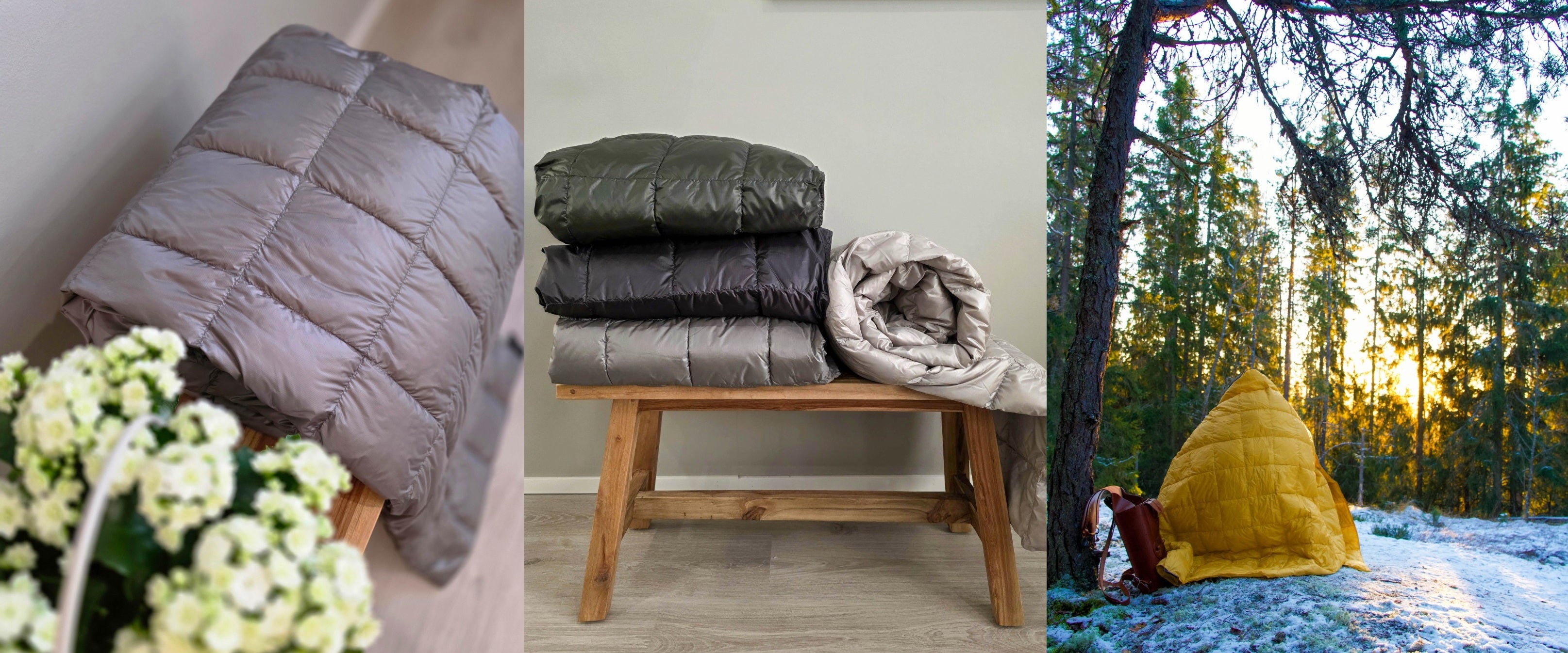 Three images: a close-up of a gray quilt, a stack of quilts on a wooden bench, and a yellow tent in a snowy forest.
