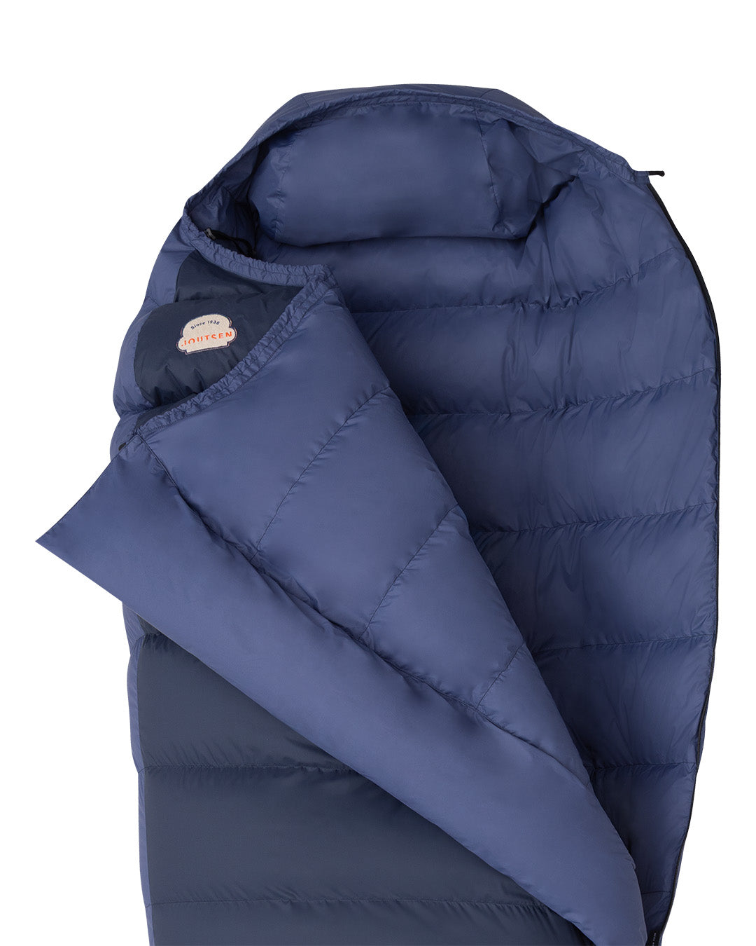 Blue sleeping bag with a zipper open.