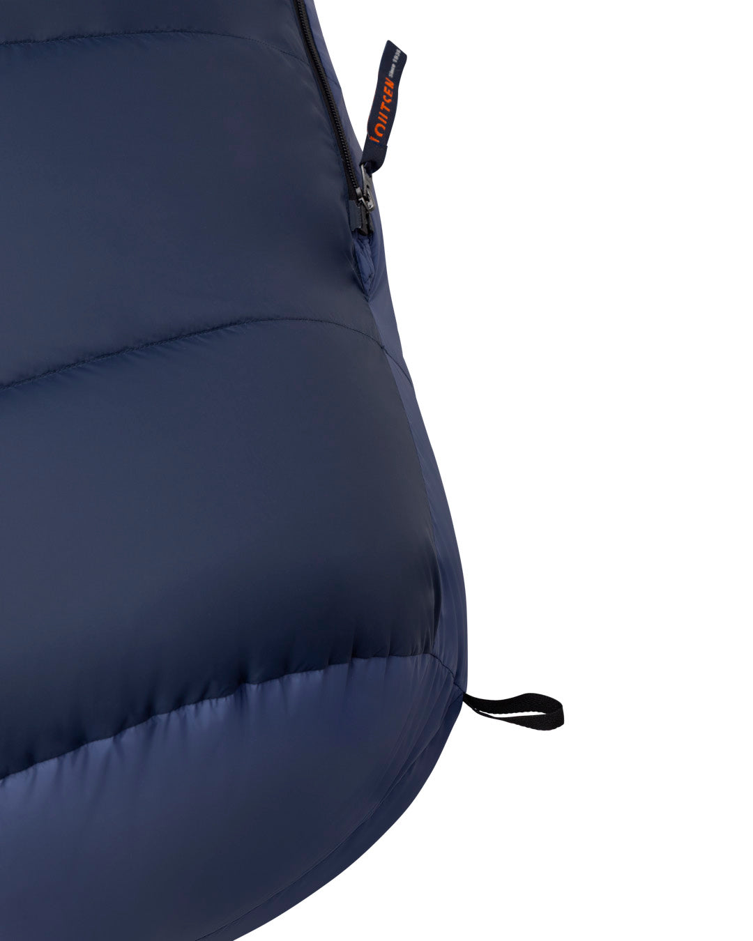 Close-up of a dark blue sleeping bag with a zipper.