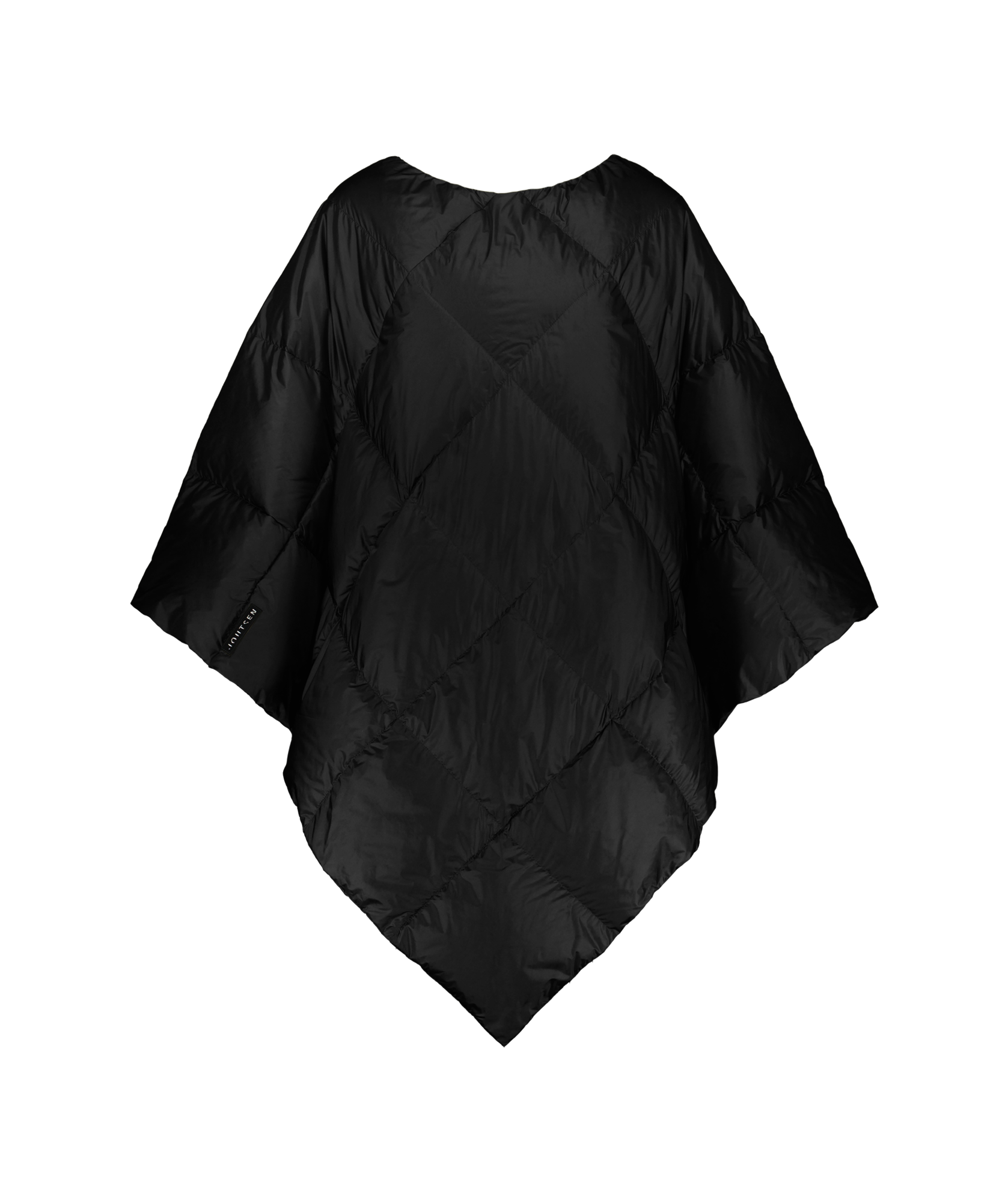 Charcoal black Otava down poncho with diamond quilting, shown from the front without background or model. The poncho has a loose, angular shape. A black Joutsen brand label is sewn onto the edge.