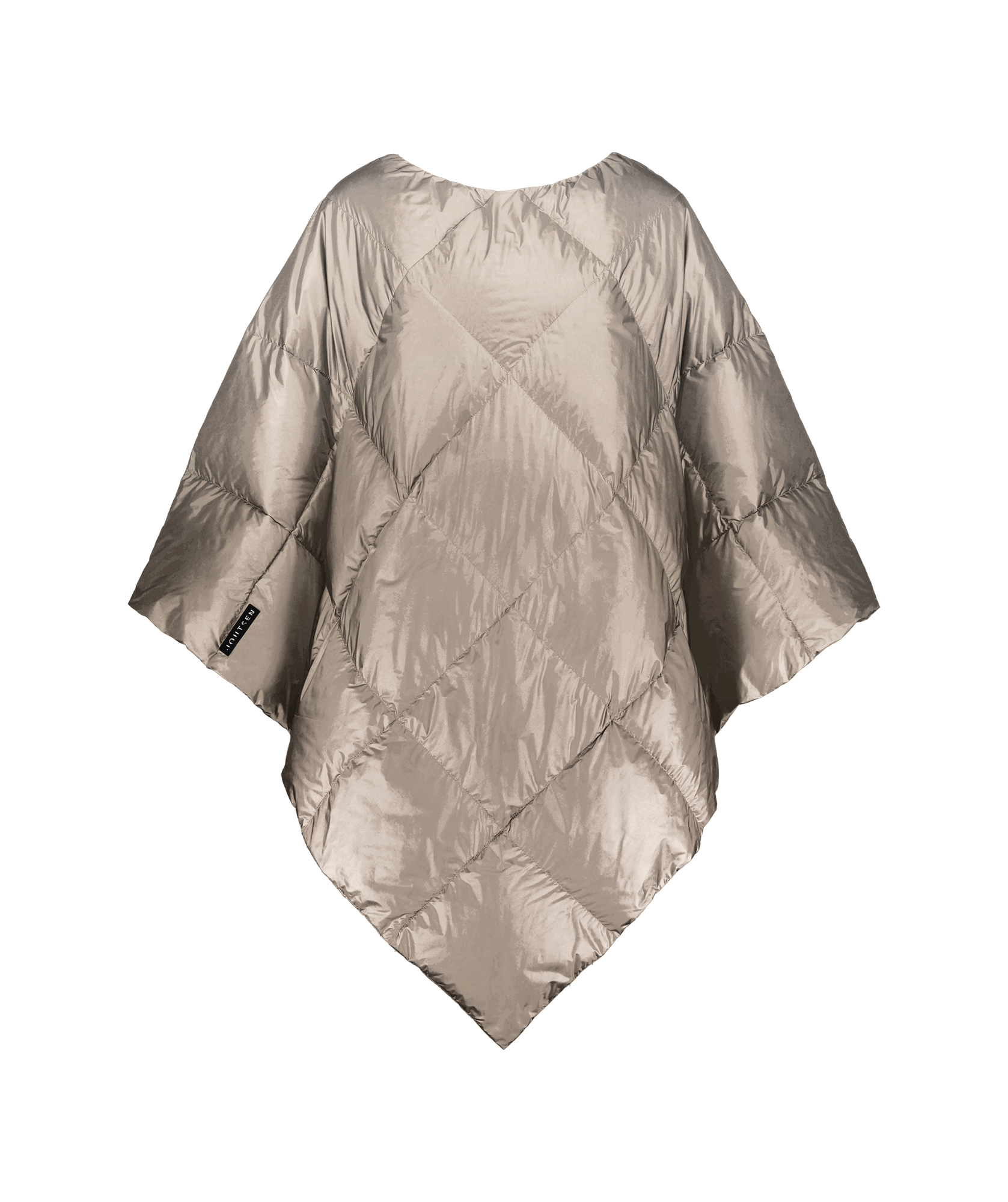 Light (color: Champagne) Otava down poncho with diamond stitching, photographed from the front on a plain background without a model. The poncho has a loose, angular shape and features a black Joutsen brand label sewn along the edge.