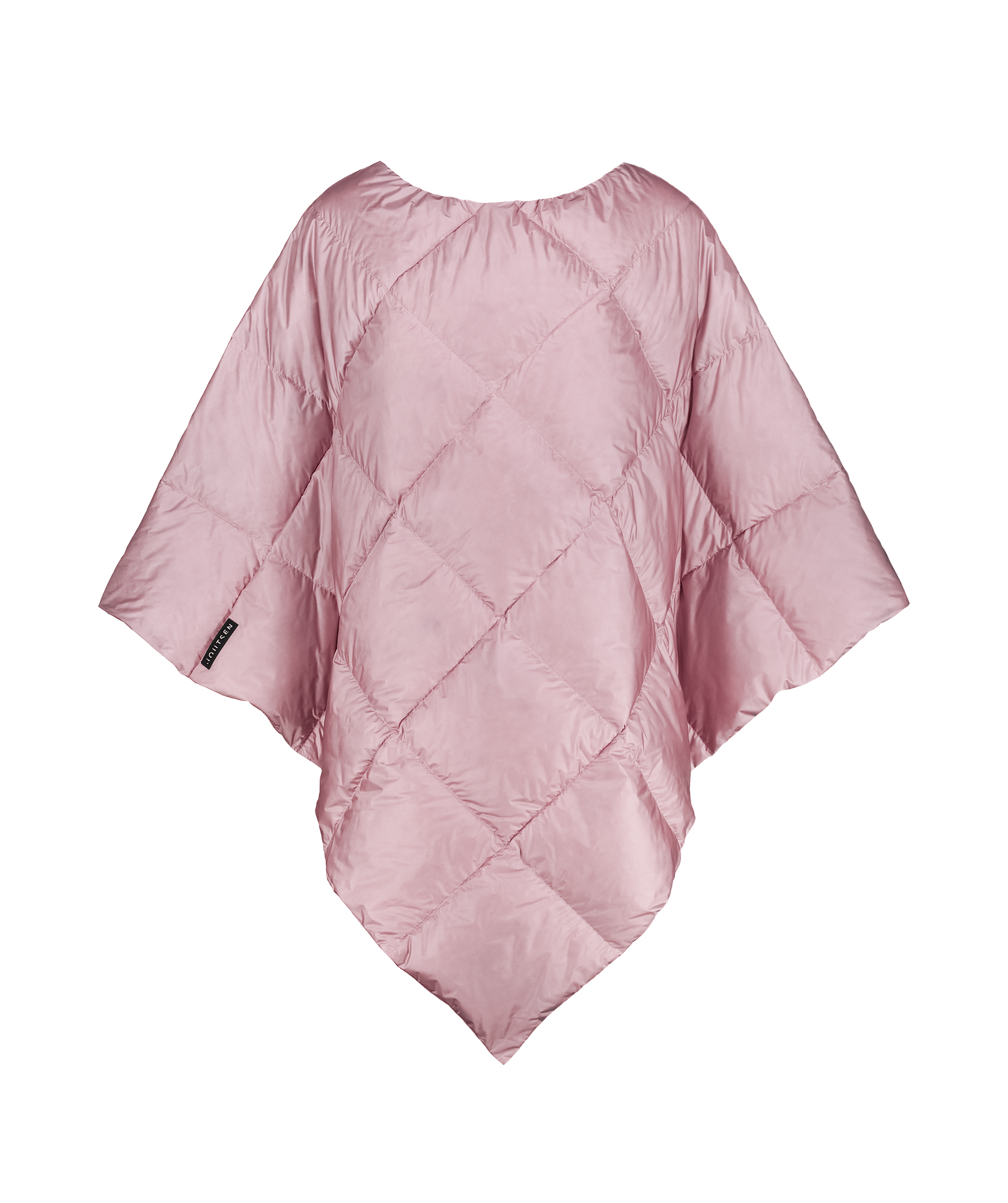 Light pink (color: wildflower) Otava down poncho with diamond stitching, photographed from the front on a plain background without a model. The poncho has a loose, angular shape and features a black Joutsen brand label sewn along the edge.