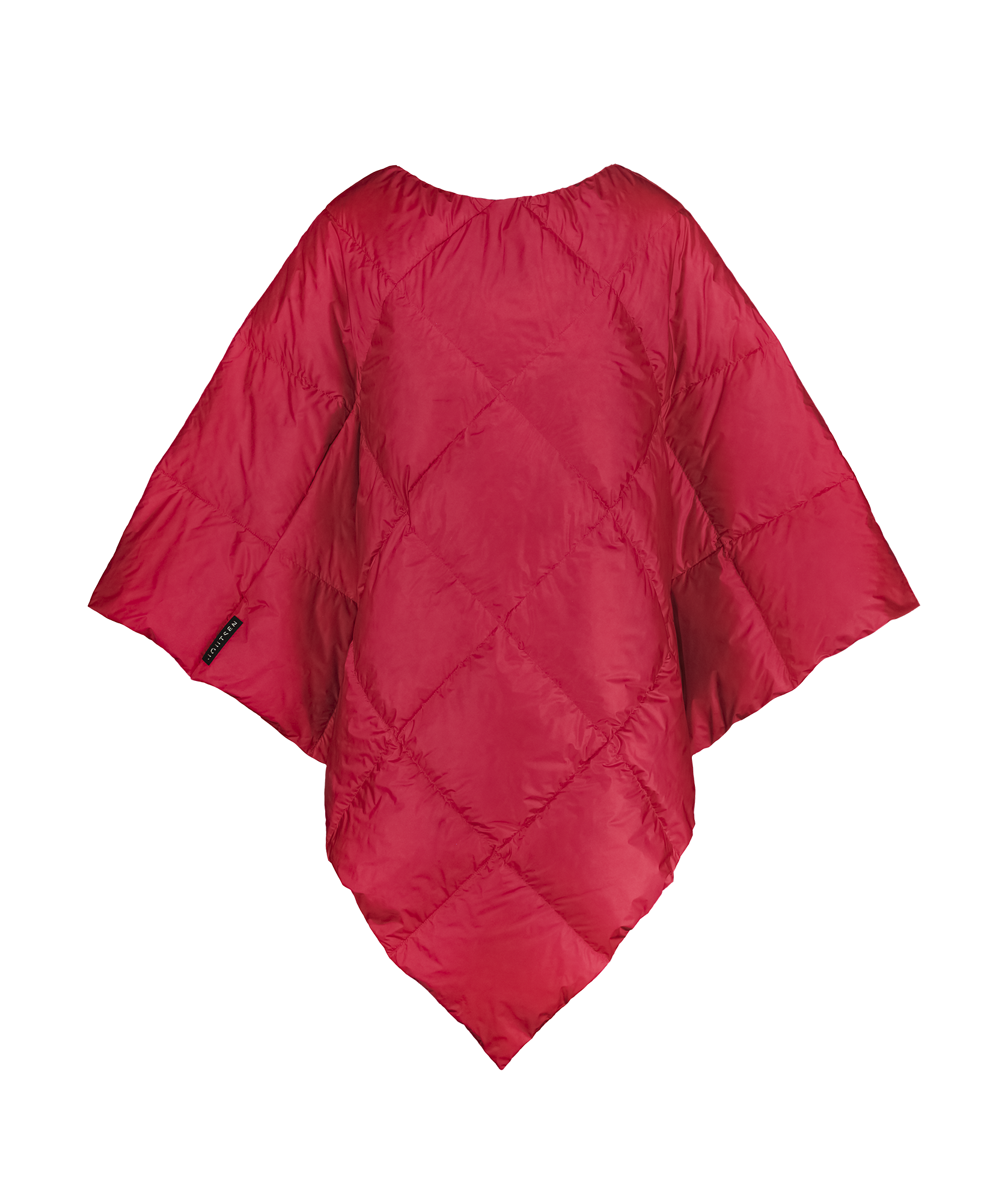 Raspberry red Otava down poncho with diamond stitching, photographed from the front on a plain background without a model. The poncho has a loose, angular shape and features a black Joutsen brand label sewn along the edge.