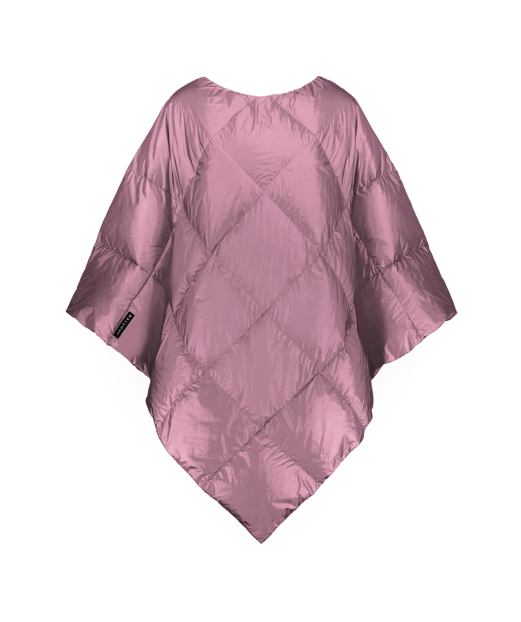 Light purple (color: Dusky orchid) Otava down poncho with diamond stitching, photographed from the front on a plain background without a model. The poncho has a loose, angular shape and features a black Joutsen brand label sewn along the edge.