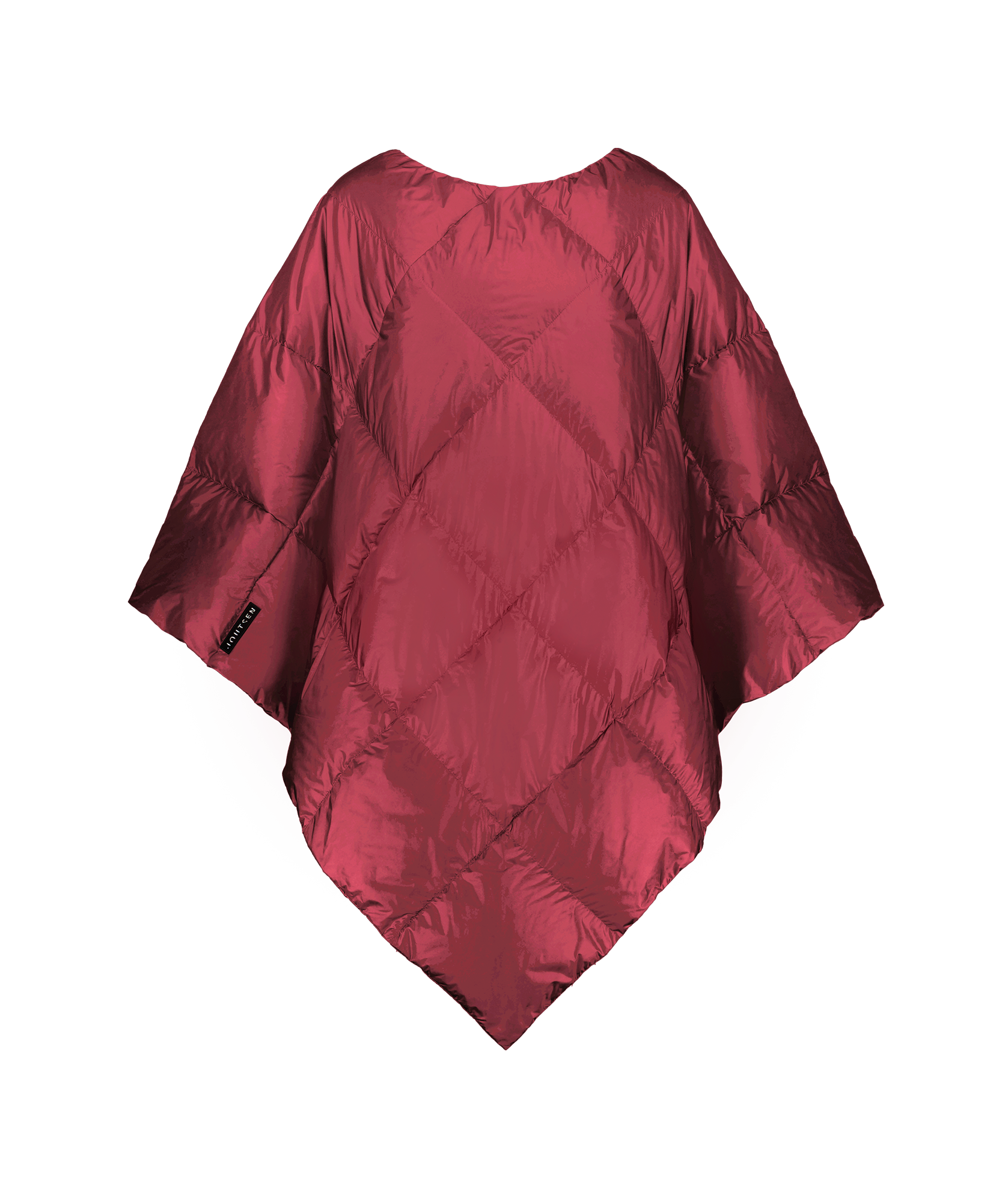 Dark red (color: red wine) Otava down poncho with diamond stitching, photographed from the front on a plain background without a model. The poncho has a loose, angular shape and features a black Joutsen brand label sewn along the edge.