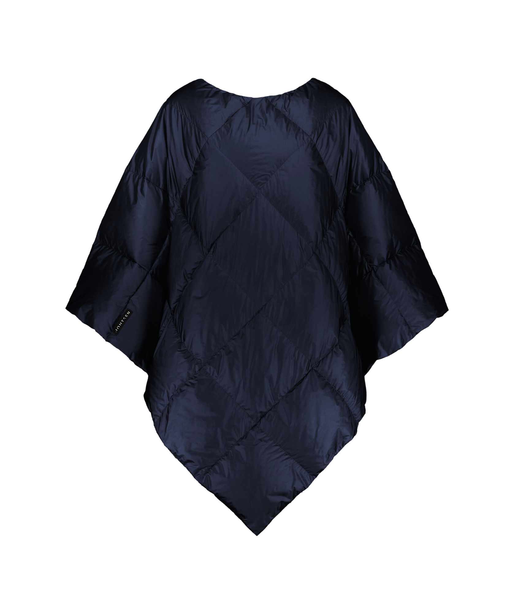 Dark blue (color: Night sky) Otava down poncho with diamond stitching, photographed from the front on a plain background without a model. The poncho has a loose, angular shape and features a black Joutsen brand label sewn along the edge.