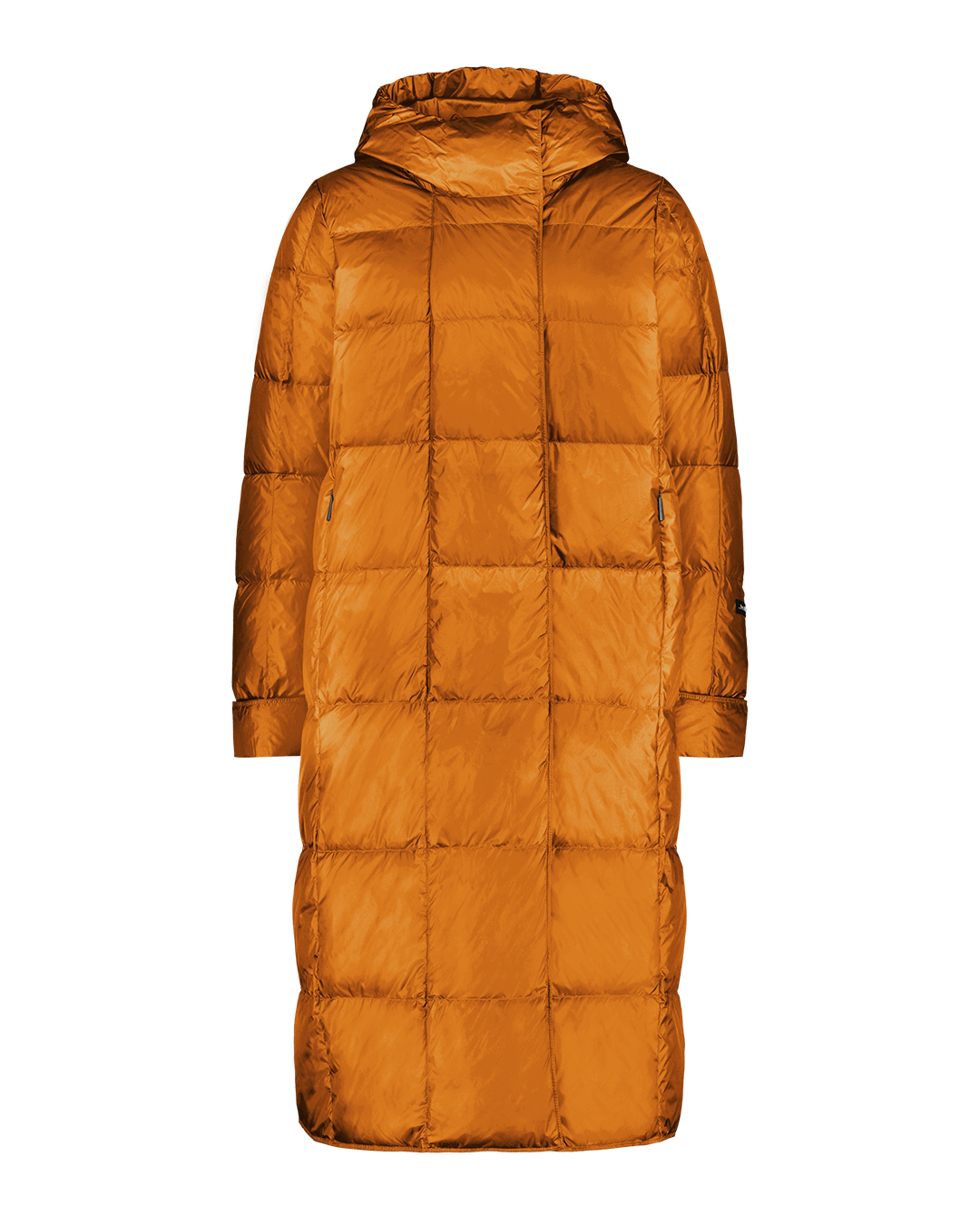 Yellow, long Essi light down coat (color: Amber) with straight square quilting, a hood, and long sleeves. Subtle front zipper and side pockets.
