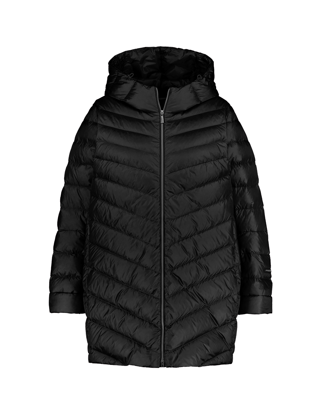 A black (color: charcoal black) Jasmin light down coat with a slightly shiny surface and diagonal quilting. The coat has a hood, long sleeves, and a front zipper.