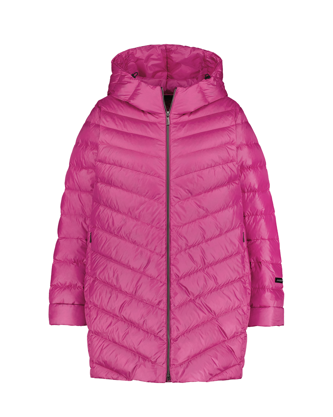 A pink (color: Pitaya) Jasmin light down coat with a slightly shiny surface and diagonal quilting. The coat has a hood, long sleeves, and a front zipper.