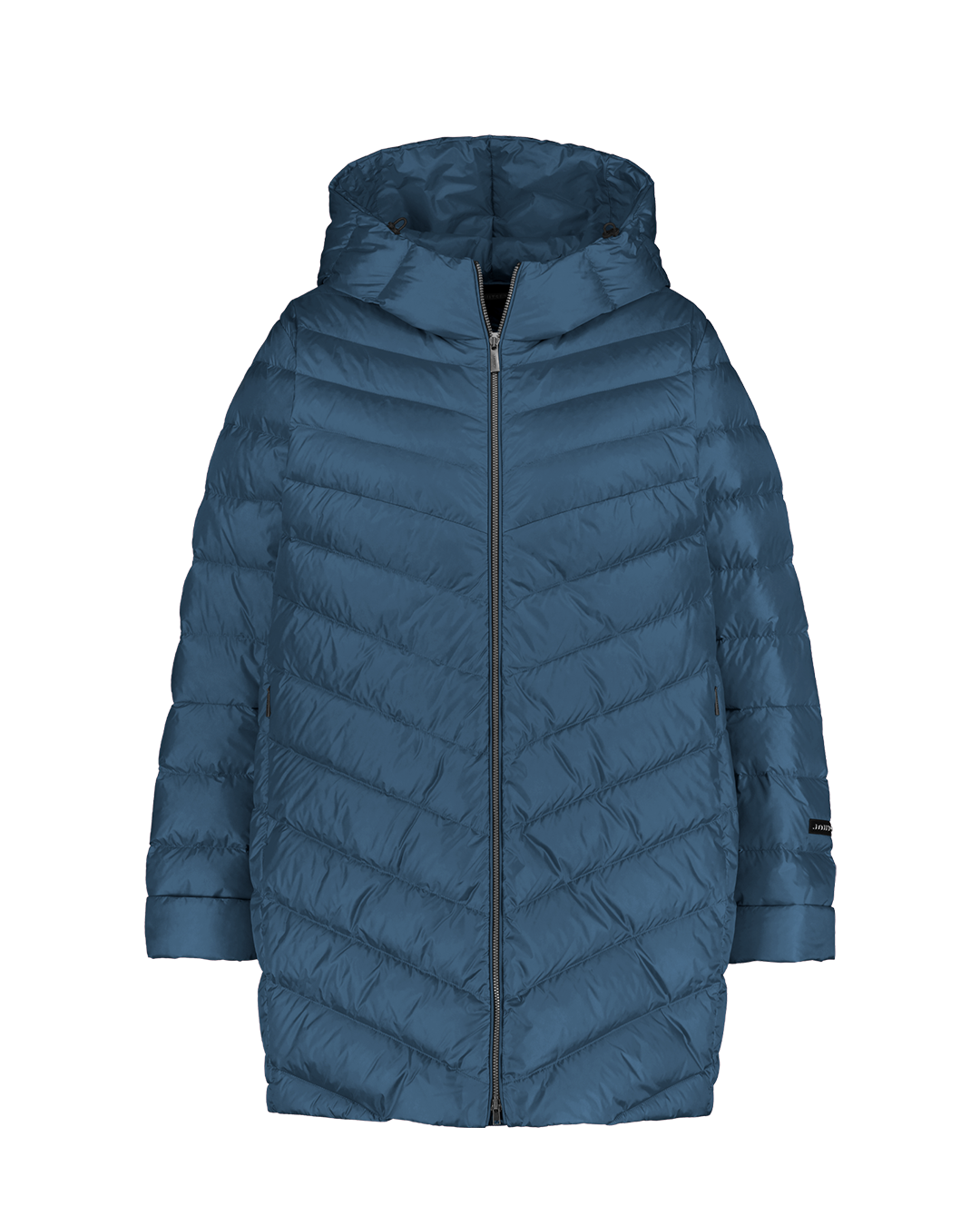 A blue (color: Blue butterfly) Jasmin light down coat with a slightly shiny surface and diagonal quilting. The coat has a hood, long sleeves, and a front zipper.