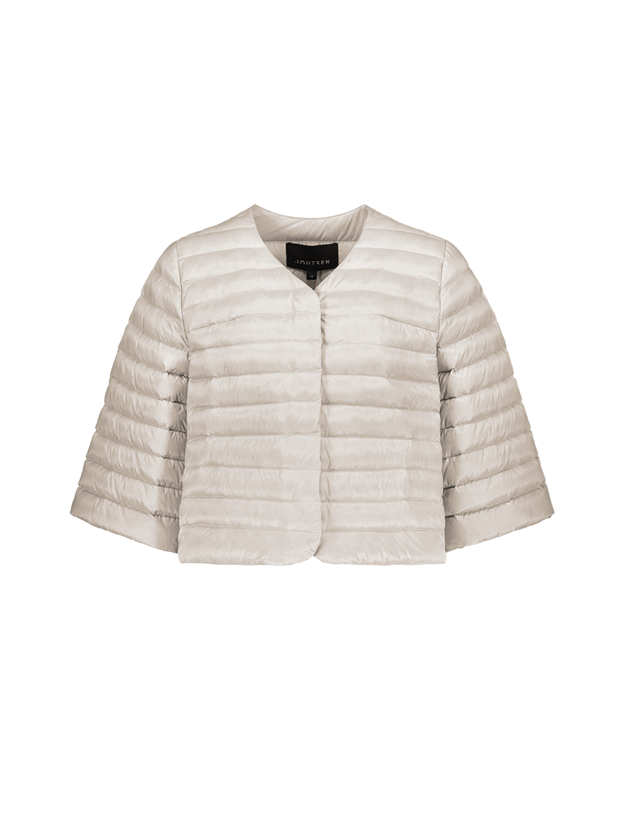 A light-colored, short, lightly padded Lupiini light down jacket (color: sugar cloud), featuring 3/4-length wide sleeves, horizontal quilting, and a round neckline without a collar. The jacket has no visible buttons or zipper.