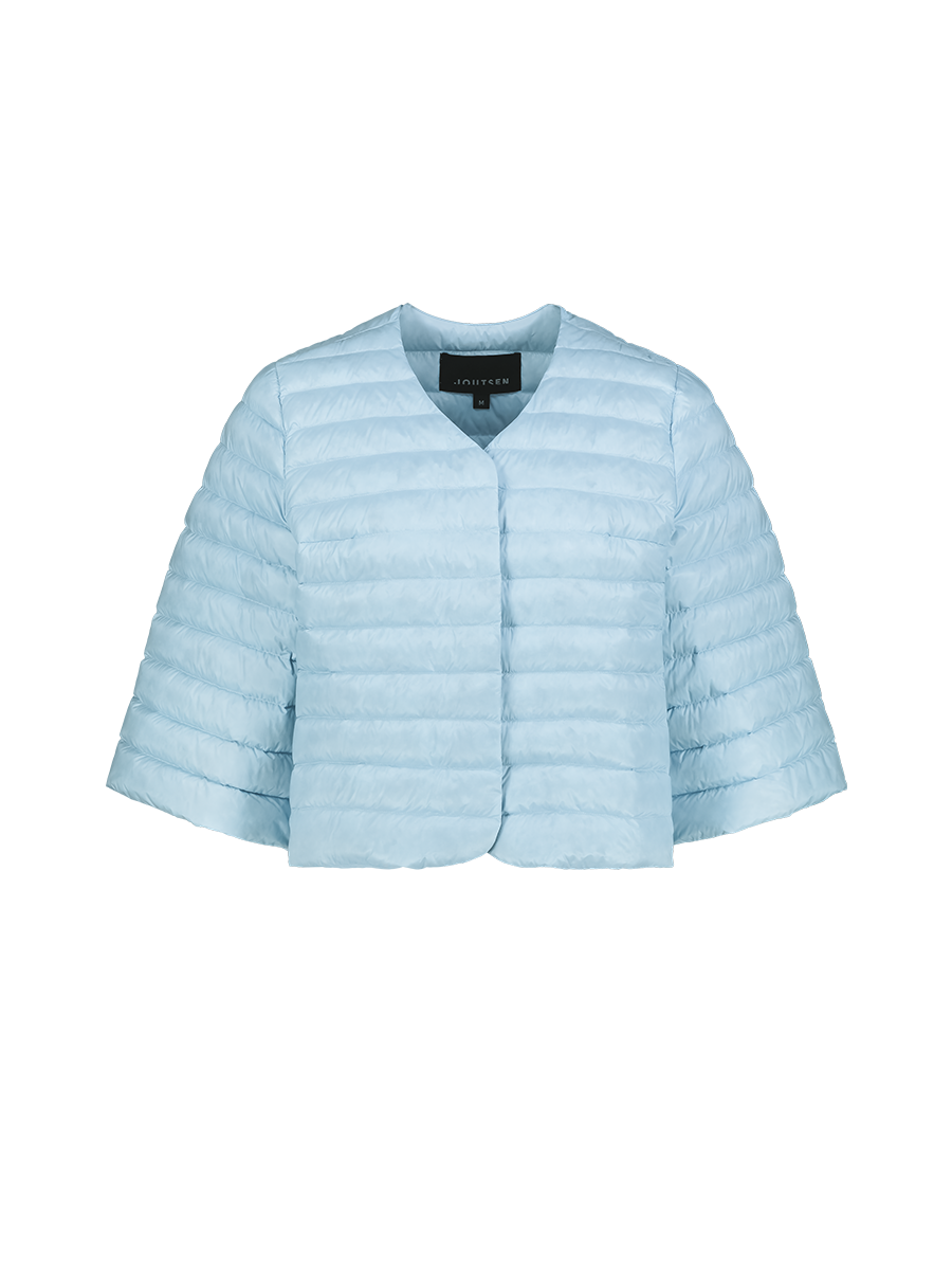 A light blue, short, lightly padded Lupiini light down jacket (color: Frozen candy), featuring 3/4-length wide sleeves, horizontal quilting, and a round neckline without a collar. The jacket has no visible buttons or zipper.