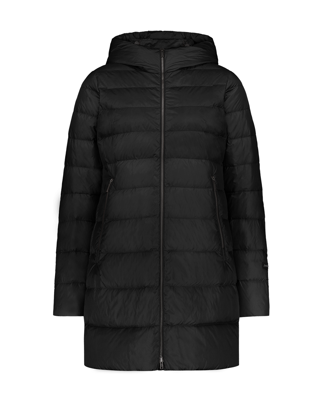 Black, mid-thigh length Ruut light down coat (color: charcoal black) with horizontal quilting, a hood, and zippered pockets. The coat is photographed from the front without a model or background.