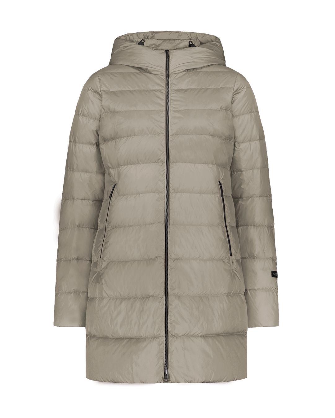 Beige, mid-thigh length Ruut light down coat (color: champagne) with horizontal quilting, a hood, and zippered pockets. The coat is photographed from the front without a model or background.