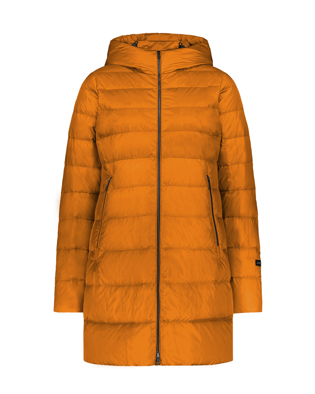 A yellow, mid-thigh length Ruut light down coat (color: amber) with horizontal quilting, a hood, and zippered pockets. The coat is photographed from the front without a model or background.