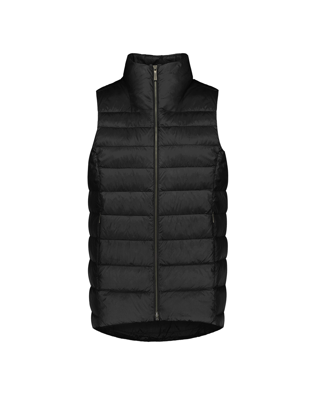 Charcoal black Lady down vest with horizontal quilting, a high stand-up collar, and zippered side pockets. The model is slightly longer at the back.