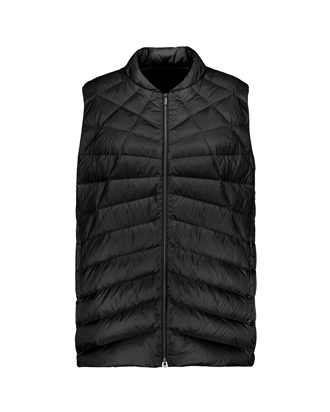 A black Mesi down vest with quilting and a front zipper. The vest has a straight cut and zippered side pockets.