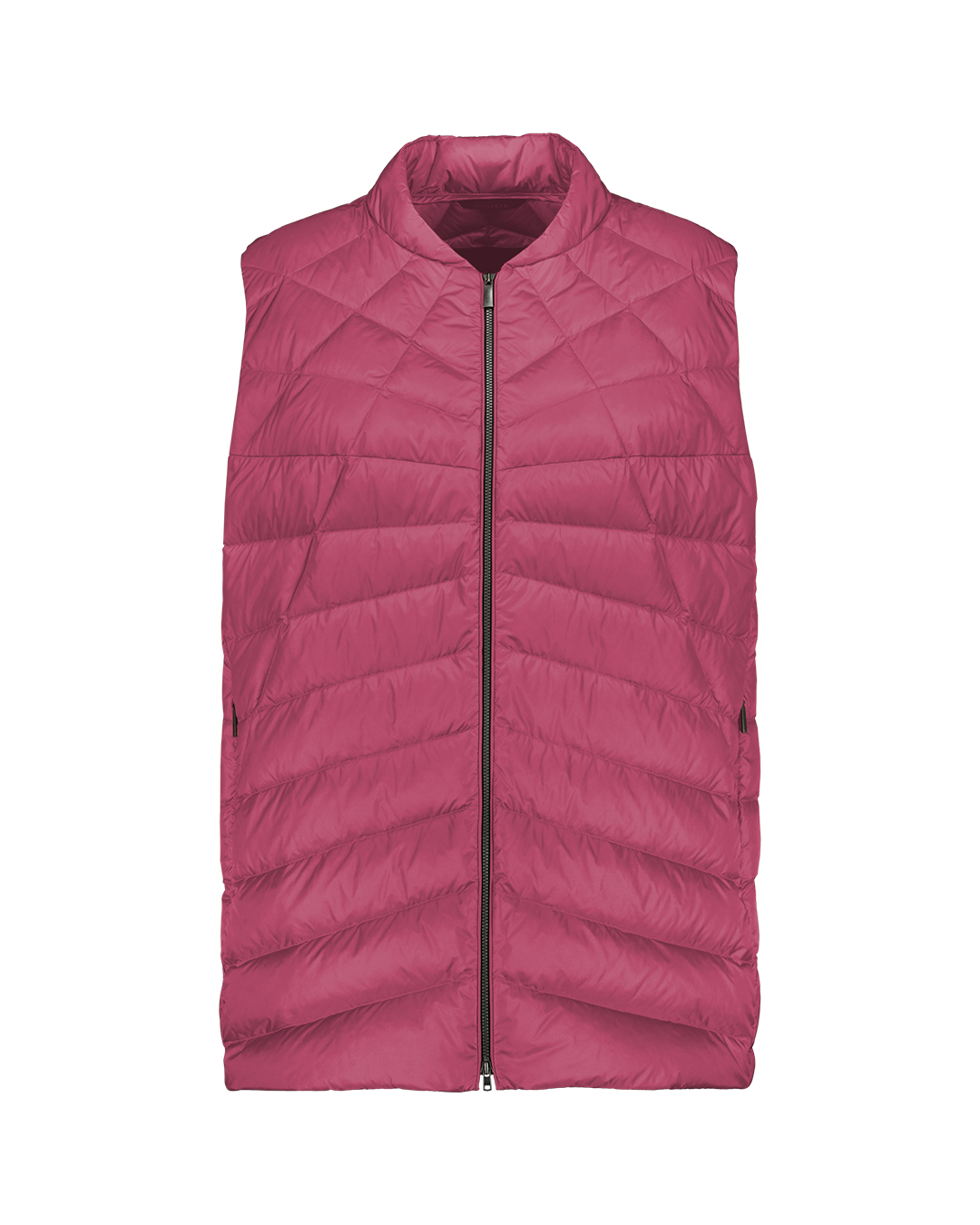 A pink Mesi down vest (color: Pitaya) with quilting and a front zipper. The vest has a straight cut and zippered side pockets.