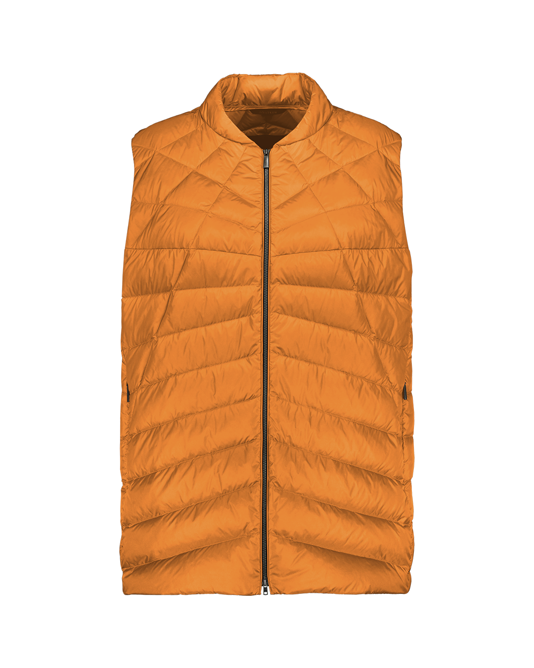 A yellow Mesi down vest (color: amber) with quilting and a front zipper. The vest has a straight cut and zippered side pockets.