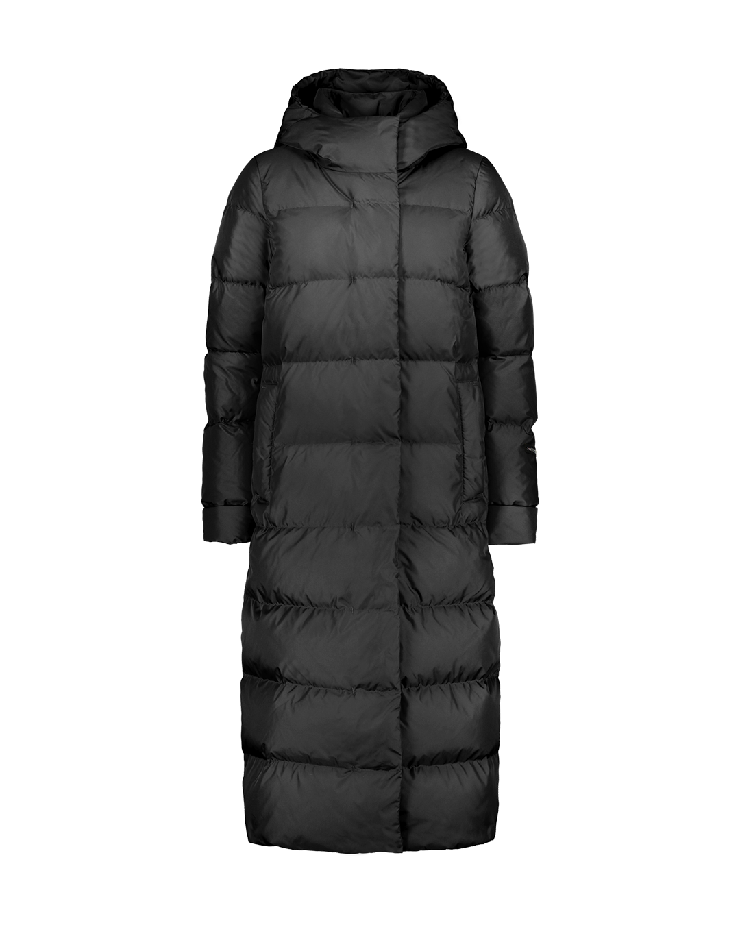 Black (color: Licorice) Blanka down coat with square quilting, a long ankle-length design, and an attached hood. The coat features a concealed front zipper with a clean, minimal look.