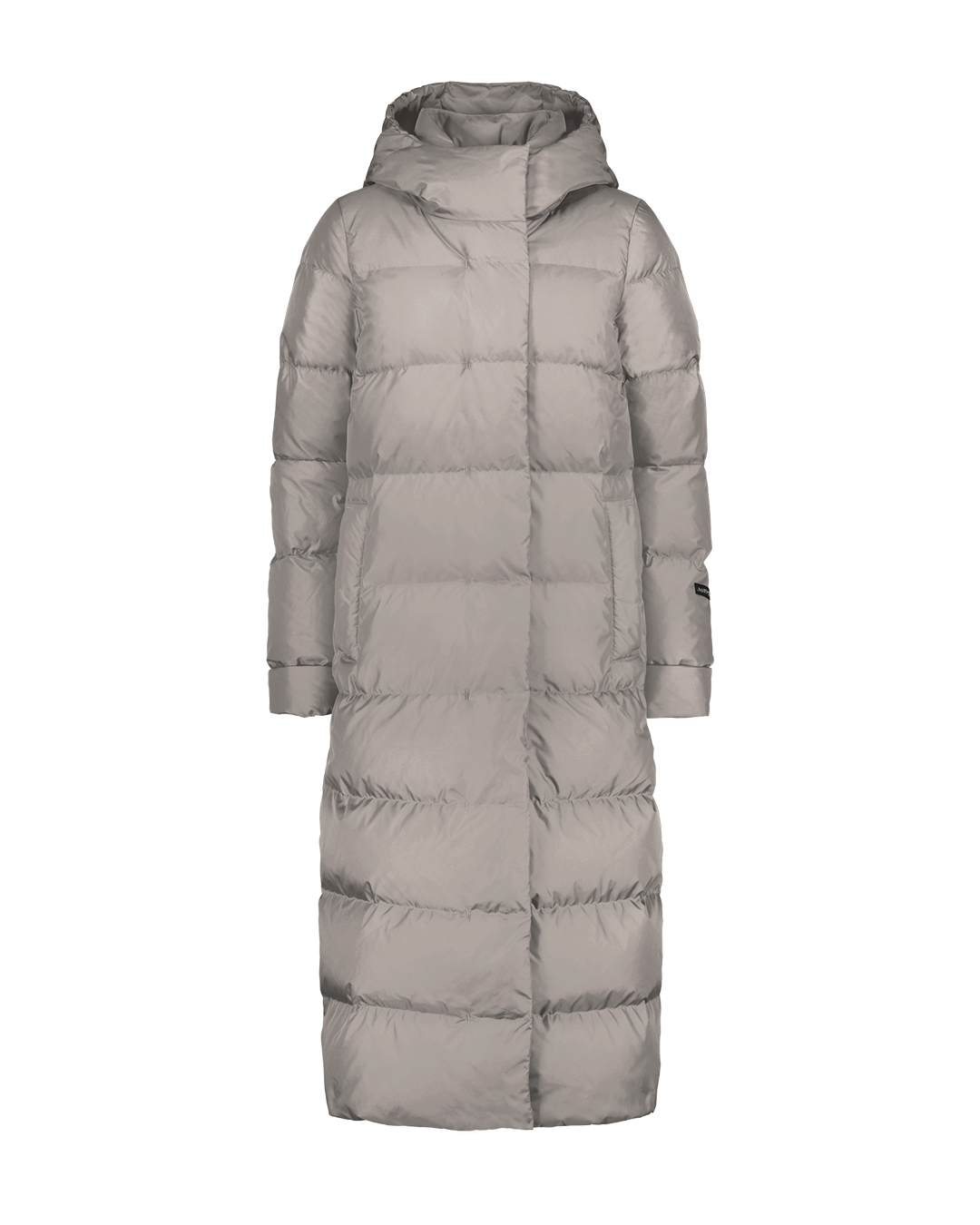 Sand dune Blanka down coat with square quilting, a long ankle-length design, and an attached hood. The coat features a concealed front zipper with a clean, minimal look.