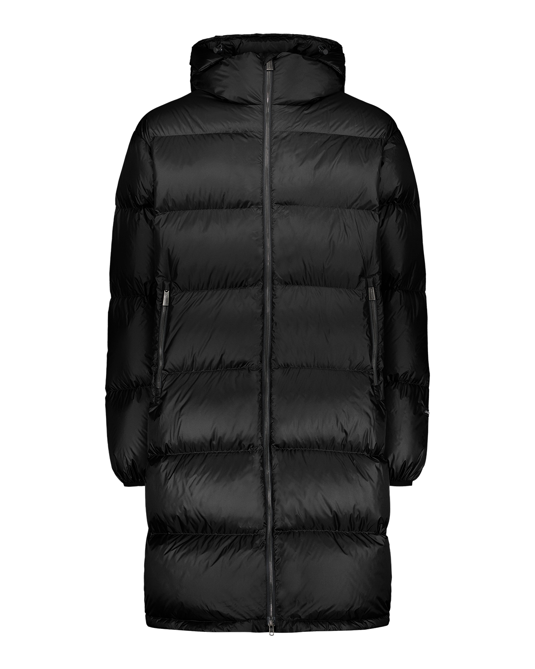 Charcoal black Knut down coat with wide horizontal quilting and a straight, mid-calf length design. The coat features a hood, a full-length front zipper, and zippered side pockets.