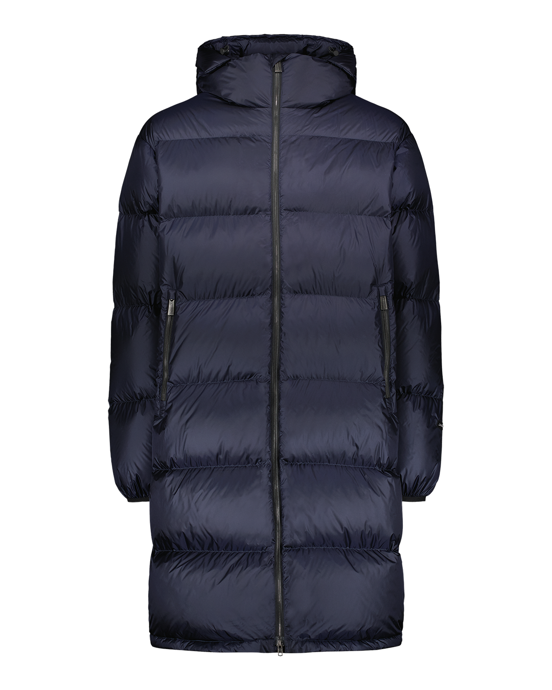 Dark blue (color: Night sky) Knut down coat with wide horizontal quilting and a straight, mid-calf length design. The coat features a hood, a full-length front zipper, and zippered side pockets.