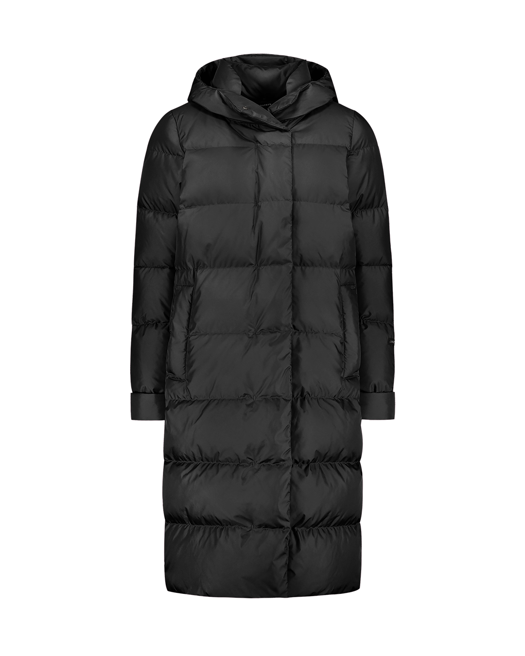 A black, long, straight-cut Ulrika down coat (color: black bird) with a hood, horizontal quilting, and a concealed front zipper. The sleeves have wide cuffs, and there are discreet pockets on the sides.